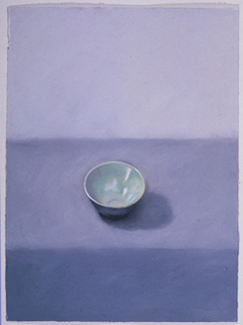 pastel drawing of small, green bowl by artist Margot Wiburd, available as a giclee print